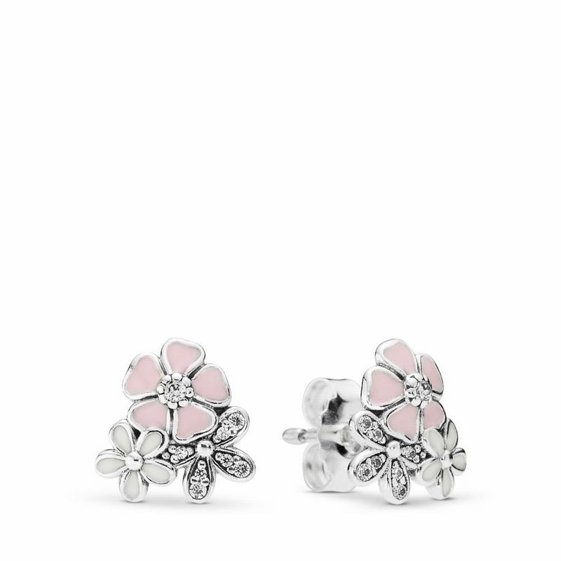 Pandora Poetic Blooms Stud Earrings Europe - Sterling Silver/Enamel/Pink/Cubic Zirconia - 908154MCE